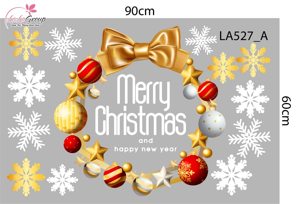Combo Decal Trang Trí Noel Vòng Nguyệt Quế Sắc Màu Và Tuần Lộc Vàng