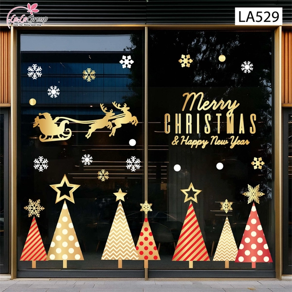 Combo Decal Trang Trí Noel Ông Già Noel Cưỡi Tuần Lộc Và Những Cây Thông Sắc Màu