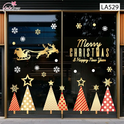 Combo Decal Trang Trí Noel Ông Già Noel Cưỡi Tuần Lộc Và Những Cây Thông Sắc Màu
