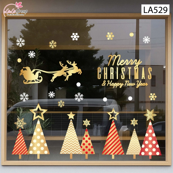 Combo Decal Trang Trí Noel Ông Già Noel Cưỡi Tuần Lộc Và Những Cây Thông Sắc Màu
