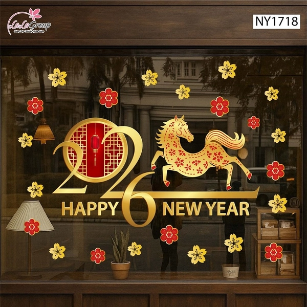 Decal trang trí tết Bính Ngọ và mai vàng tài lộc