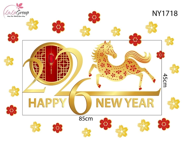 Decal trang trí tết Bính Ngọ và mai vàng tài lộc