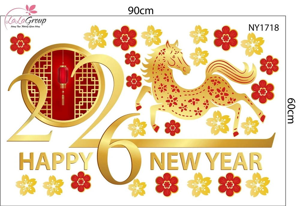 Decal trang trí tết Bính Ngọ và mai vàng tài lộc