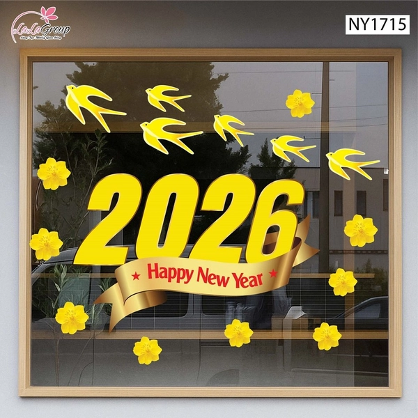 Decal Trang Trí Tết Happy New Year 2026 Và Én Vàng