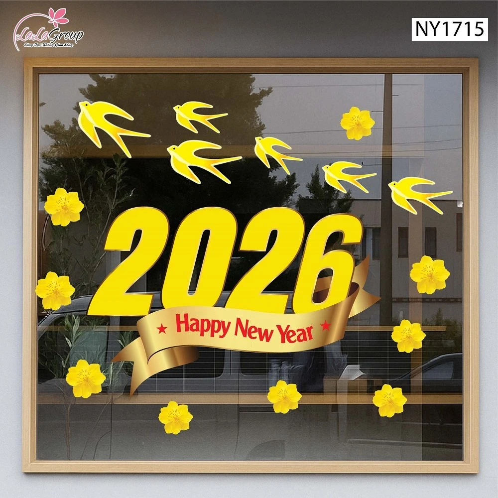 Decal Trang Trí Tết Happy New Year 2026 Và Én Vàng