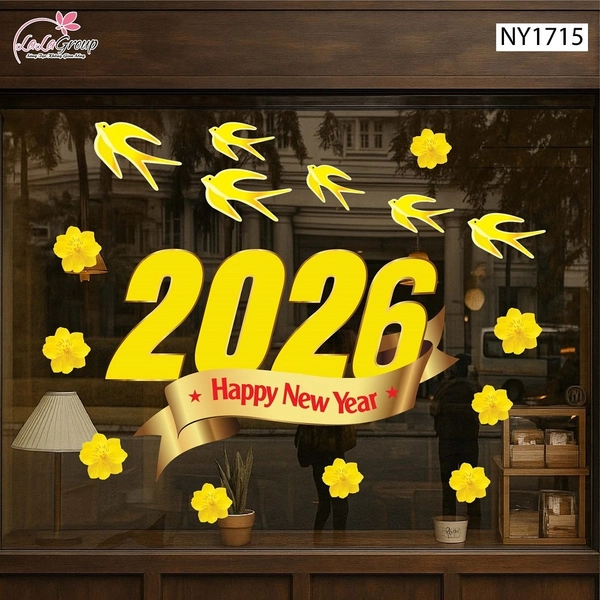 Decal Trang Trí Tết Happy New Year 2026 Và Én Vàng