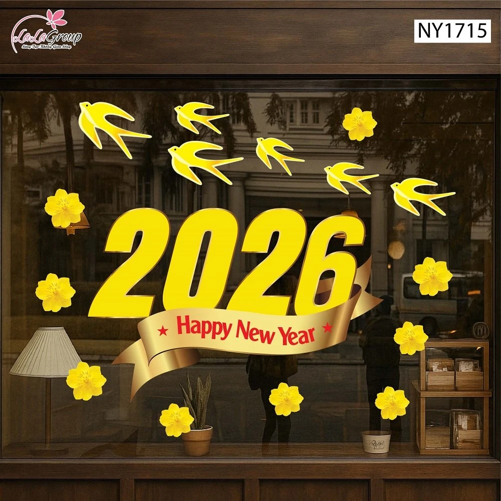 Decal Trang Trí Tết Happy New Year 2026 Và Én Vàng