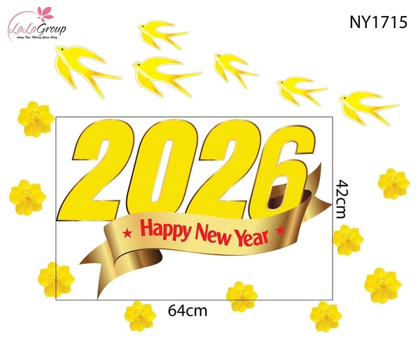 Decal Trang Trí Tết Happy New Year 2026 Và Én Vàng
