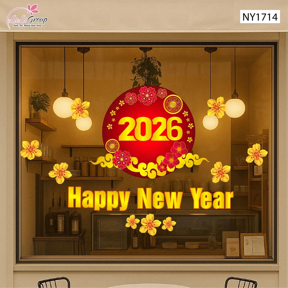Decal Trang Trí Tết Happy New Year 2026 Và Mai Vàng