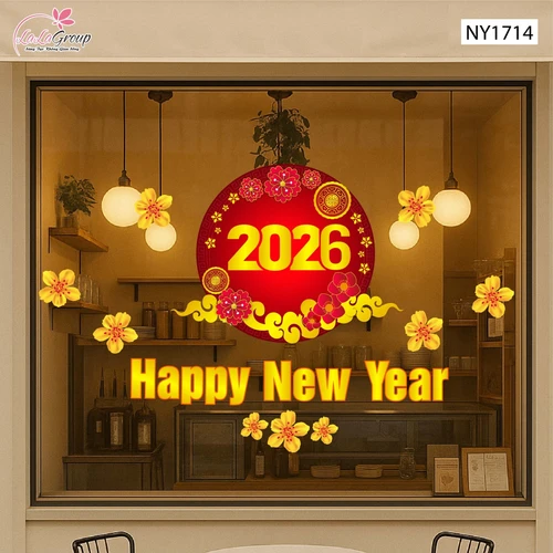 Decal Trang Trí Tết Happy New Year 2026 Và Mai Vàng