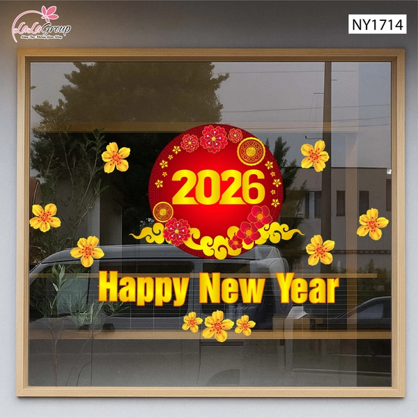 Decal Trang Trí Tết Happy New Year 2026 Và Mai Vàng