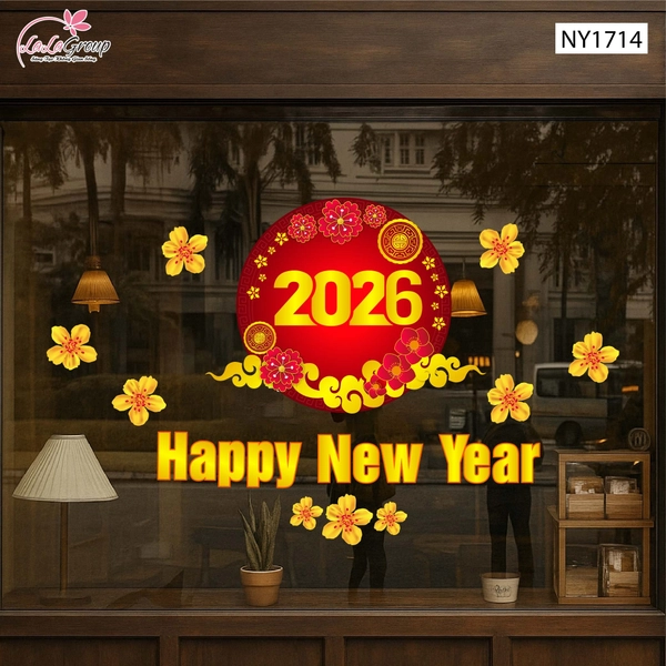 Decal Trang Trí Tết Happy New Year 2026 Và Mai Vàng