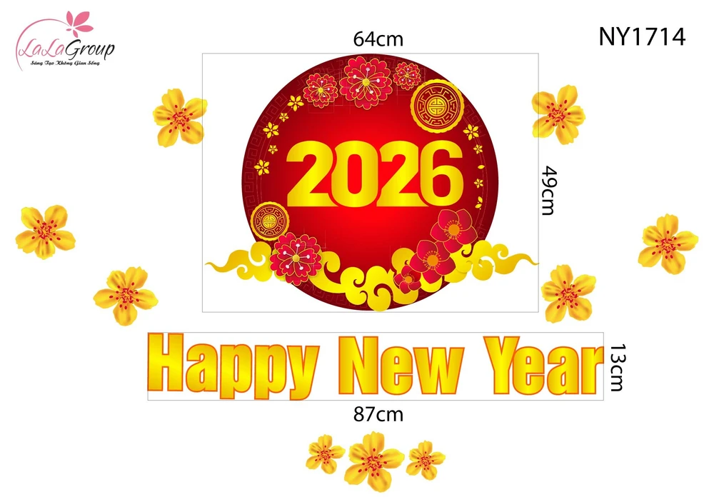 Decal Trang Trí Tết Happy New Year 2026 Và Mai Vàng