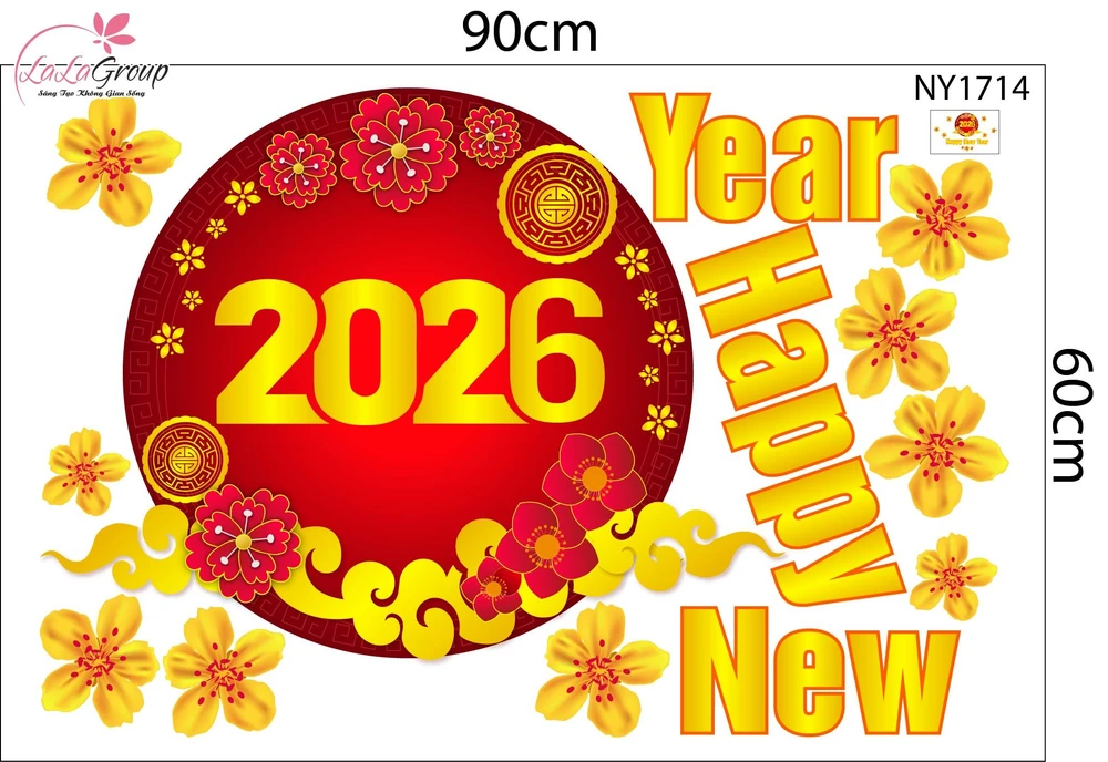 Decal Trang Trí Tết Happy New Year 2026 Và Mai Vàng