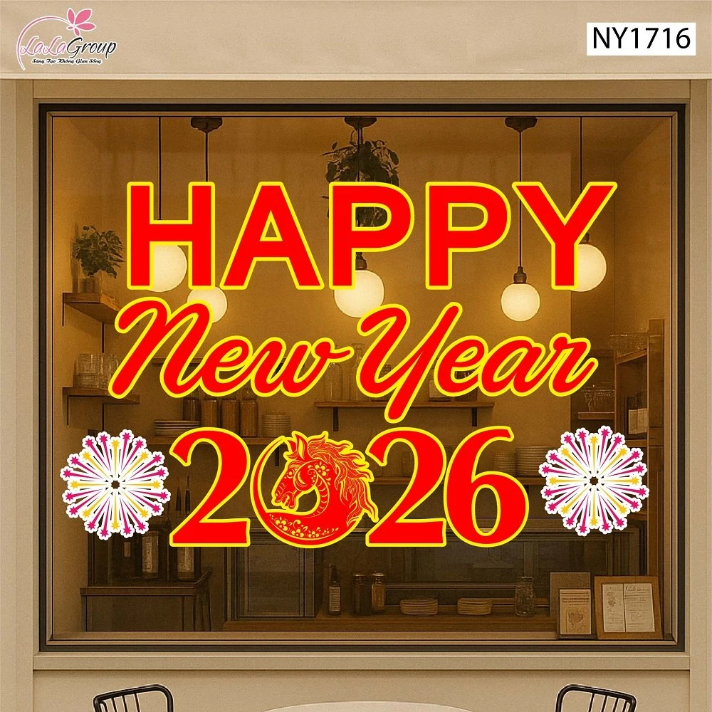 Decal Trang Trí Tết Happy New Year 2026 Và Pháo Hoa