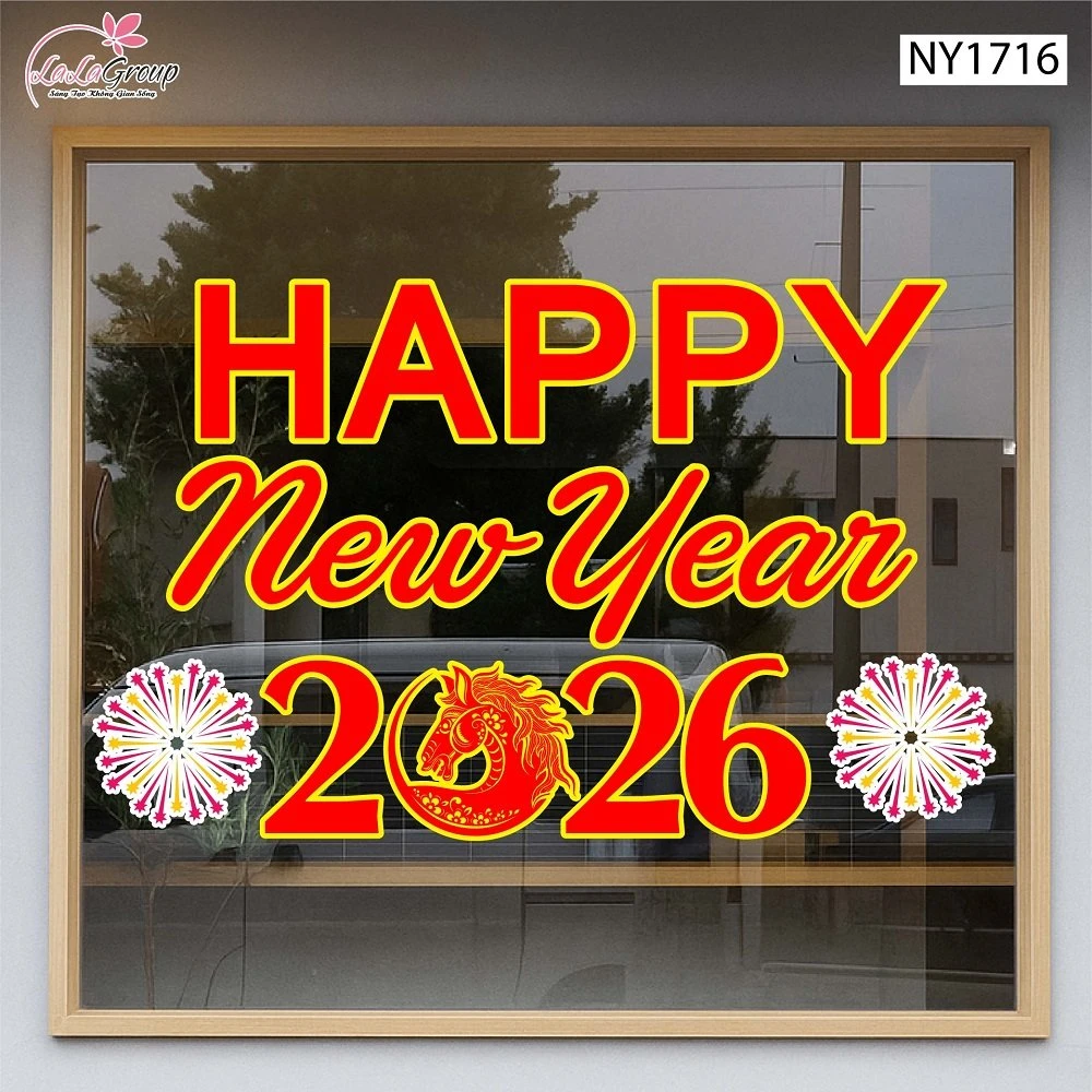 Decal Trang Trí Tết Happy New Year 2026 Và Pháo Hoa