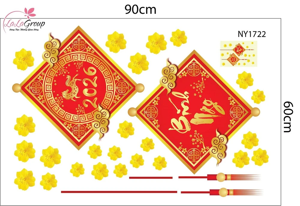 Decal Trang Trí Tết Lộc Treo May Mắn Và Hoa Mai Vàng 2026
