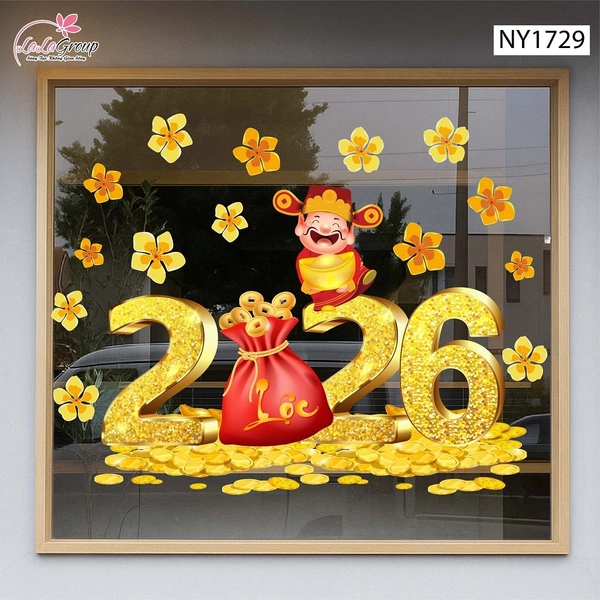 Decal Trang Trí Tết Thần Tài Và Mai Vàng Tài Lộc 2026