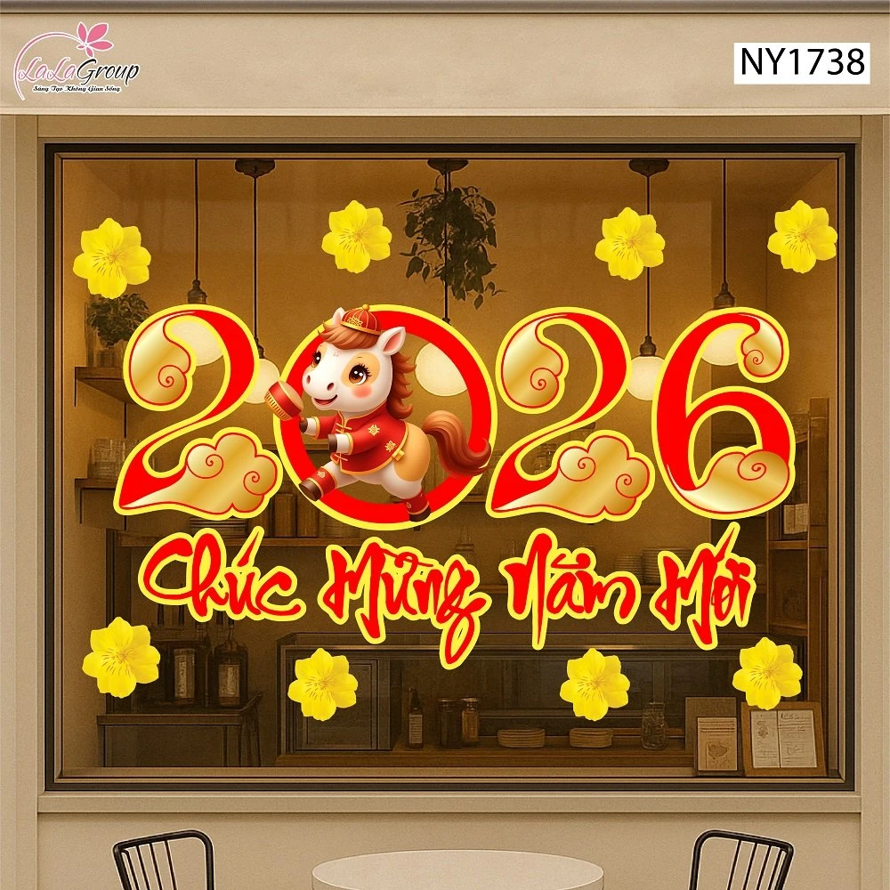 Decal Trang Trí Tết Chúc Mừng Năm Mới 2026 Và Mai Vàng