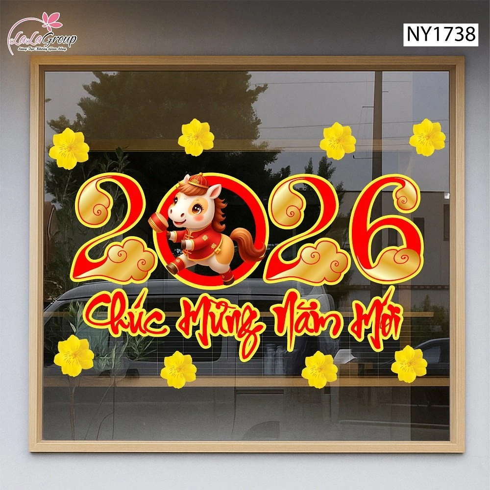 Decal Trang Trí Tết Chúc Mừng Năm Mới 2026 Và Mai Vàng