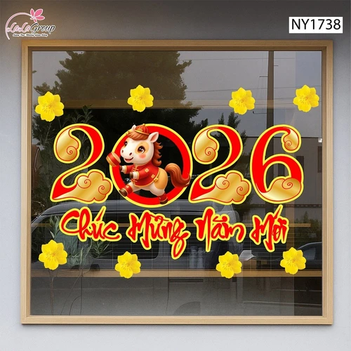 Decal Trang Trí Tết Chúc Mừng Năm Mới 2026 Và Mai Vàng