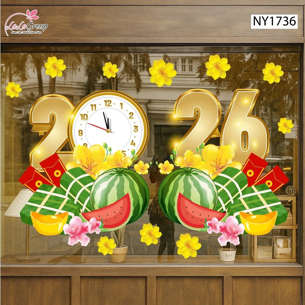 Decal Trang Trí Tết Mừng Xuân Bính Ngọ 2026 Bánh Chưng Xanh Và Dưa Hấu Đỏ