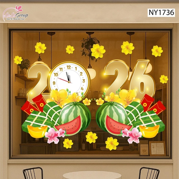 Decal Trang Trí Tết Mừng Xuân Bính Ngọ 2026 Bánh Chưng Xanh Và Dưa Hấu Đỏ