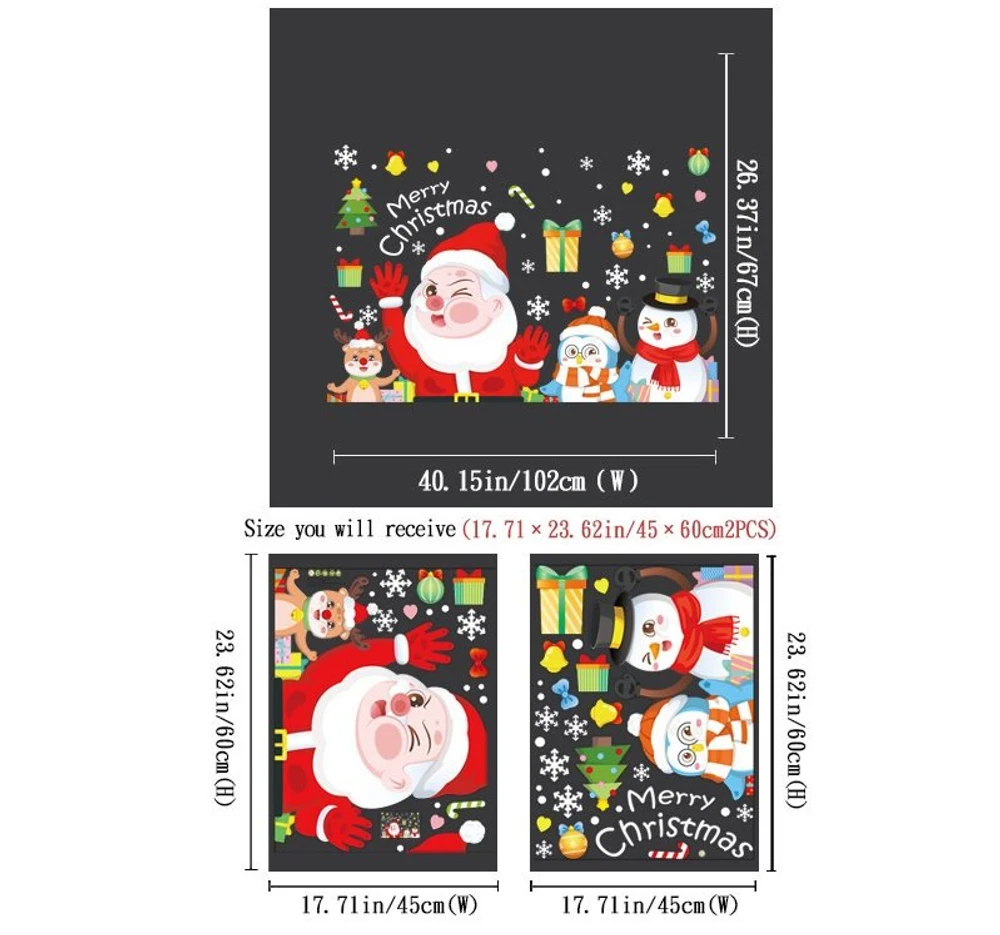Decal Tĩnh Điện 2 Mặt Trang Trí Noel Ông Già Noel Và Những Người Bạn Chúc Mừng Giáng Sinh