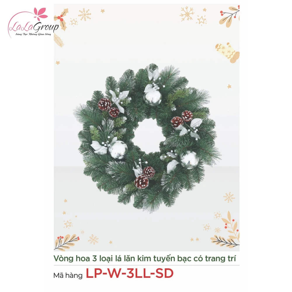 Vòng hoa Noel 3 loại lá lăn kim tuyến bạc có trang trí