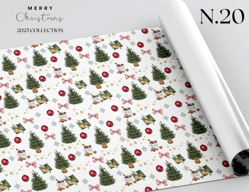 Set 5 Giấy Gói Quà Họa Tiết Cây Thông Xanh Và Nơ Sọc Đỏ