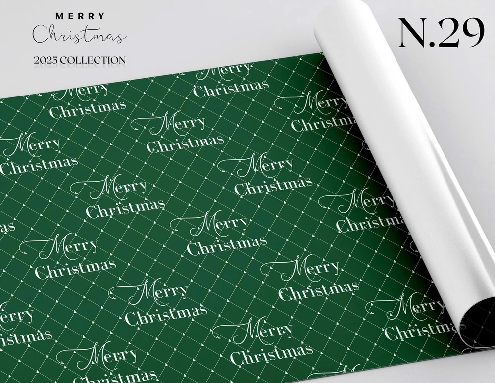 Set 5 Giấy gói quà màu xanh lá cây họa tiết noel chữ merry Christmas