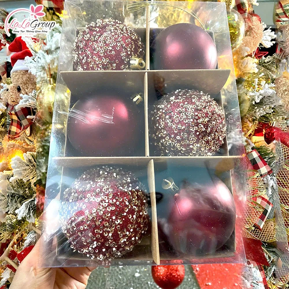 Hộp 6 Quả Châu Đỏ Rượu Cao Cấp Trang Trí Noel