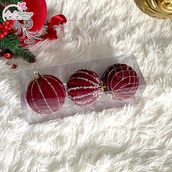 Hộp 3 Quả Châu Nhung Đính Kim Tuyến Cao Cấp Trang Trí Noel