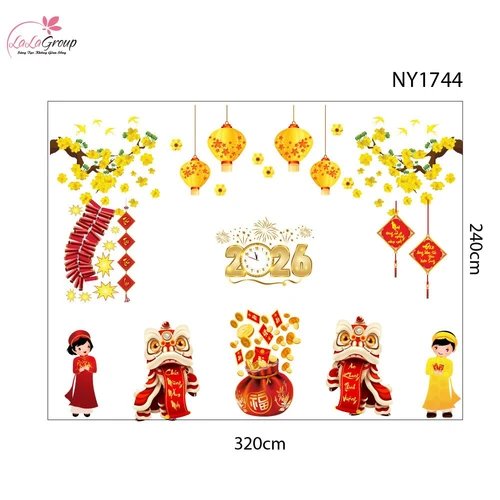 Combo decal trang trí tết múa lân chúc xuân 2026 an khang thịnh vượng