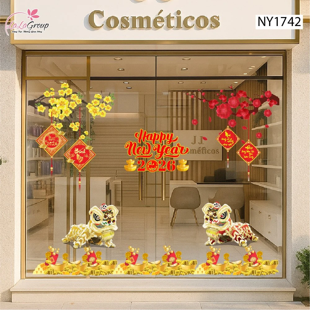 Combo Decal Trang Trí Tết Bính Ngọ 2026 Mai Đào Khoe Sắc