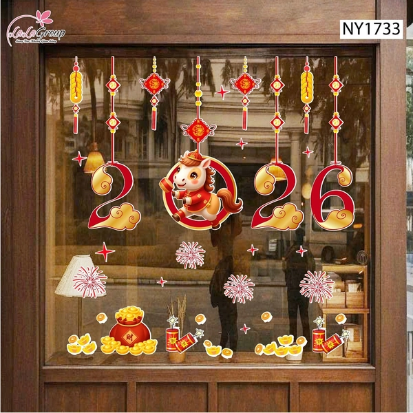 Decal Trang Trí Tết Bính Ngọ Và Pháo Hoa Đỏ 2026