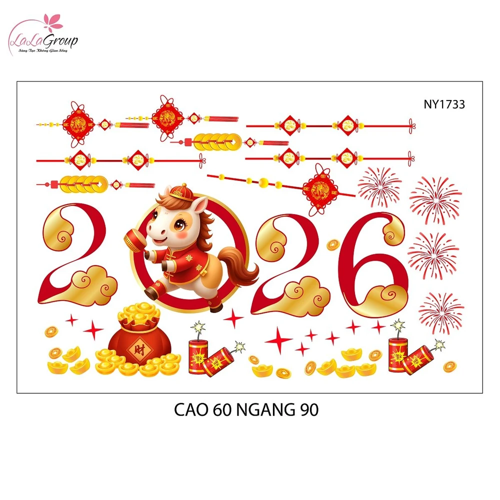 Decal Trang Trí Tết Bính Ngọ Và Pháo Hoa Đỏ 2026