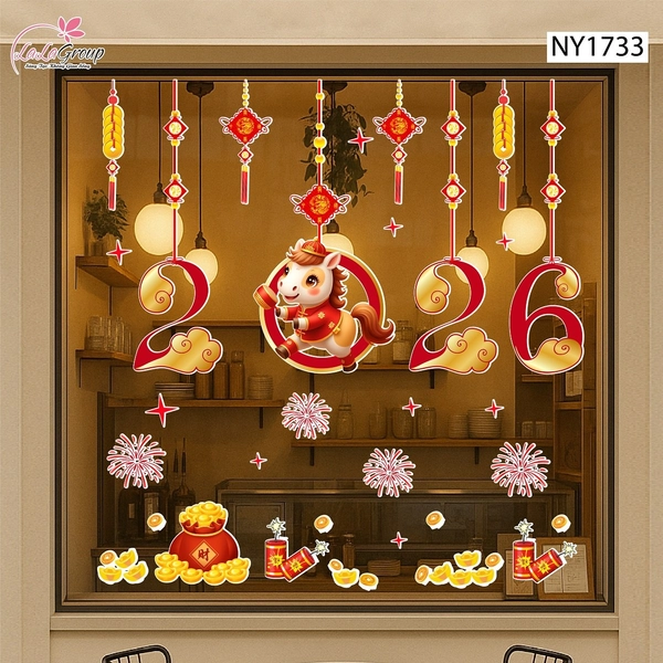 Decal Trang Trí Tết Bính Ngọ Và Pháo Hoa Đỏ 2026