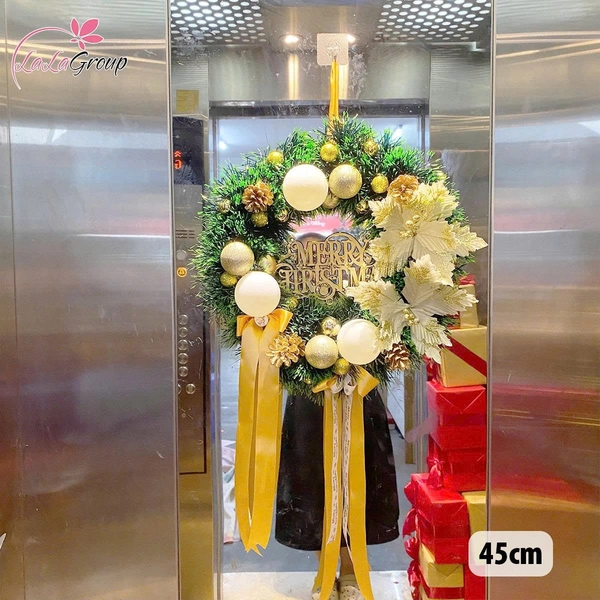 Vòng Nguyệt Quế Noel 45cm Màu Vàng Trắng Cao Cấp Kèm Đèn Led