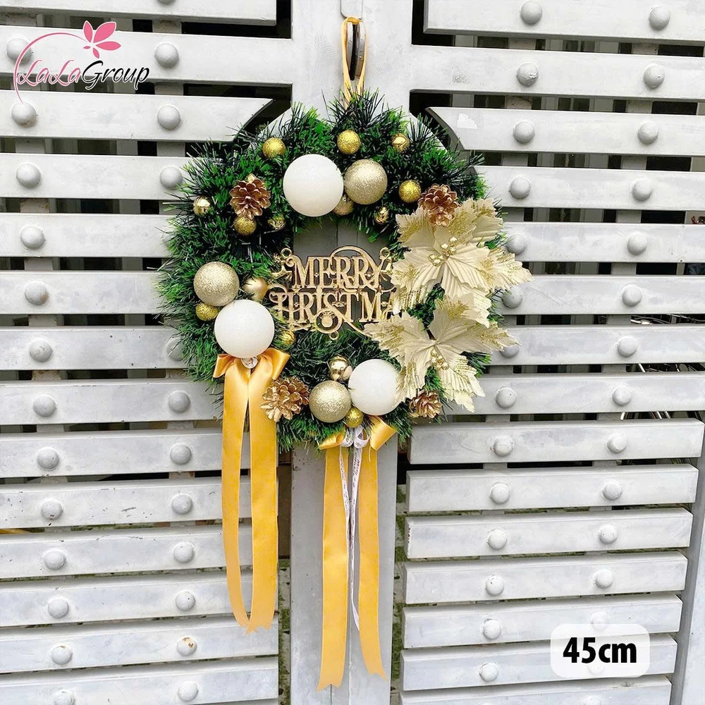 Vòng Nguyệt Quế Noel 45cm Màu Vàng Trắng Cao Cấp Kèm Đèn Led