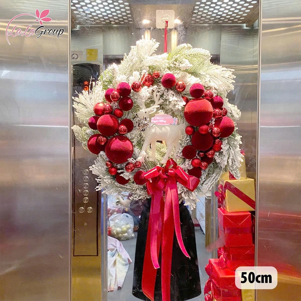 Vòng Nguyệt Quế Noel 50cm Châu Nhung Đỏ Kèm Đèn Led