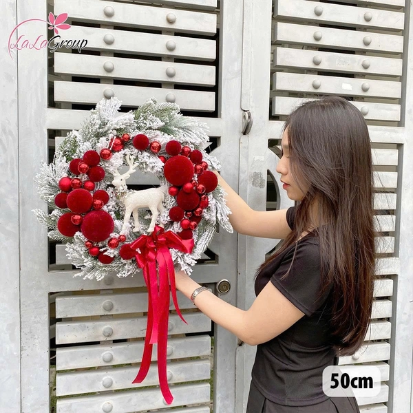 Vòng Nguyệt Quế Noel 50cm Châu Nhung Đỏ Kèm Đèn Led