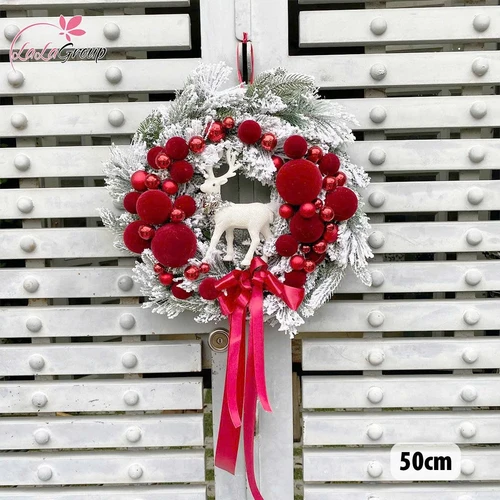Vòng Nguyệt Quế Noel 50cm Châu Nhung Đỏ Kèm Đèn Led