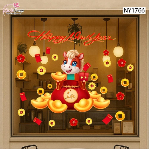 Decal Trang Trí Tết Happy New Year 2026 Tiền Tài Vạn Phát