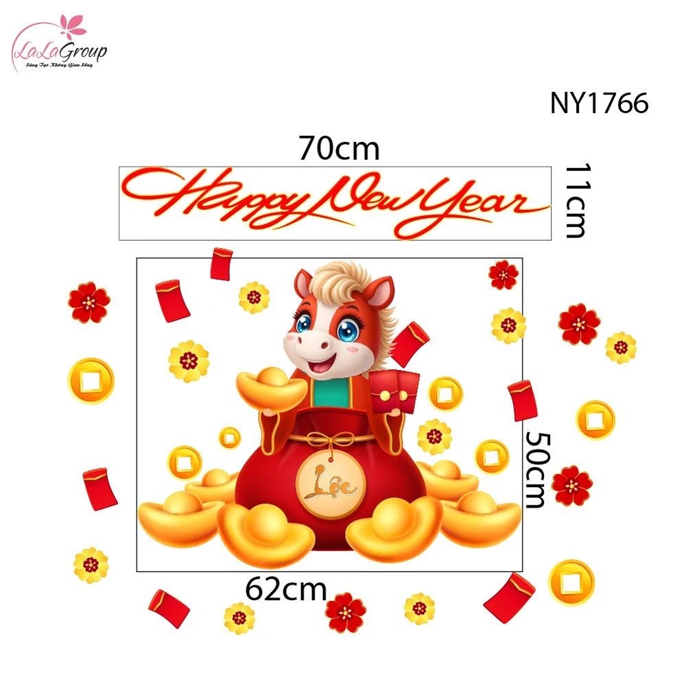 Decal Trang Trí Tết Happy New Year 2026 Tiền Tài Vạn Phát