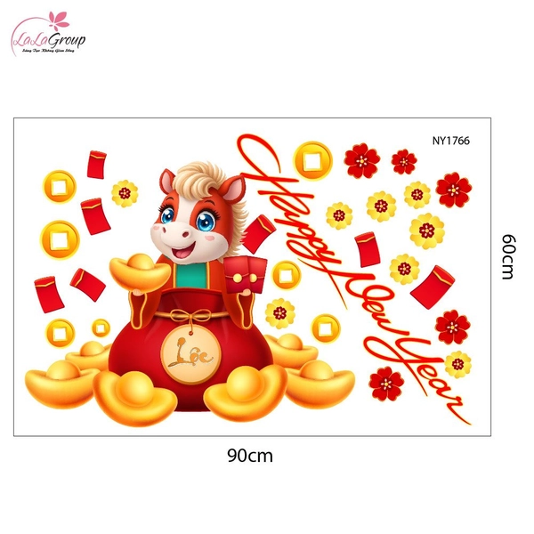 Decal Trang Trí Tết Happy New Year 2026 Tiền Tài Vạn Phát