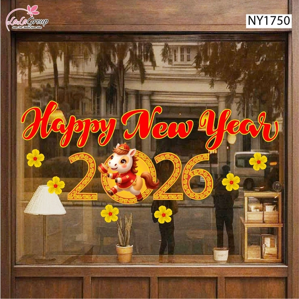 Decal Trang Trí Tết Happy New Year 2026 Và Hoa Mai Vàng