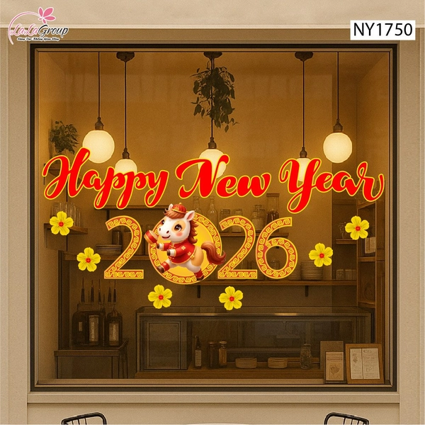 Decal Trang Trí Tết Happy New Year 2026 Và Hoa Mai Vàng