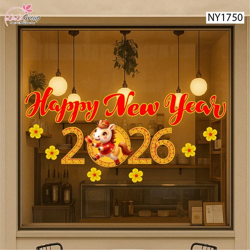 Decal Trang Trí Tết Happy New Year 2026 Và Hoa Mai Vàng