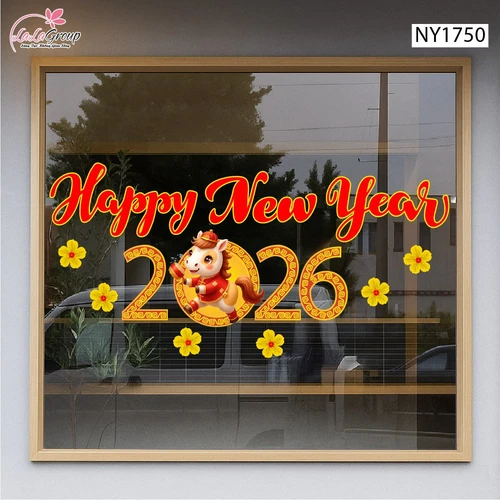Decal Trang Trí Tết Happy New Year 2026 Và Hoa Mai Vàng